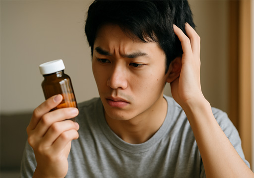 薬を見つめて悩む様子