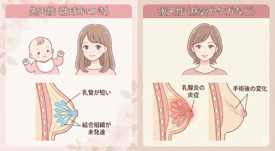 陥没乳頭の主な原因イラスト。先天性（乳管の発達不全など）と後天性（乳腺炎、外傷など）の比較。