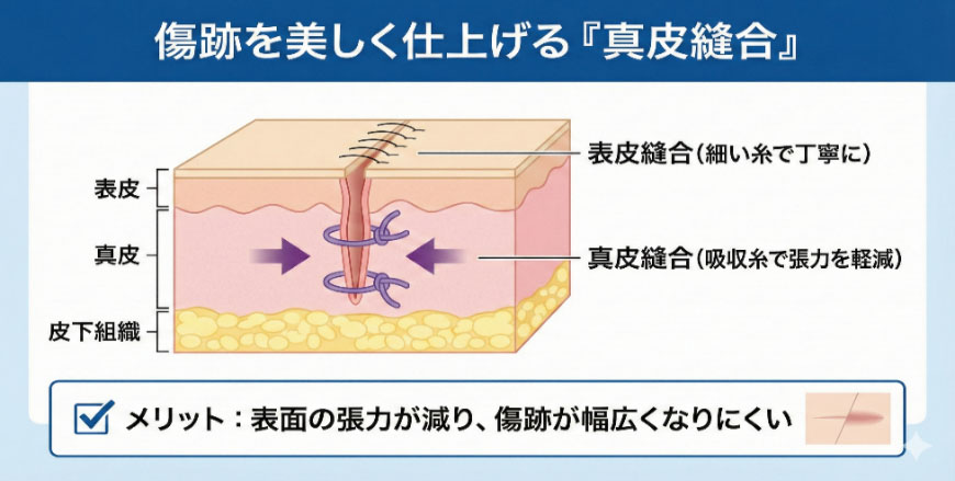 形成外科専門医による真皮縫合の仕組み解説図。皮膚の断面イラストで、深い層を縫い合わせることで傷跡が目立ちにくくなる技術を説明。