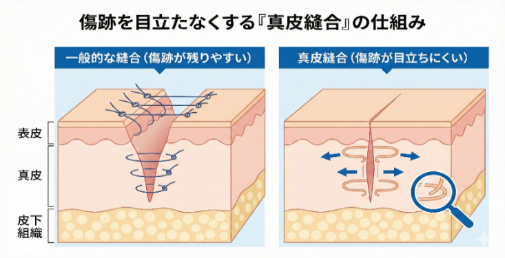 形成外科専門医による真皮縫合の仕組み解説図。皮膚の断面イラストで、傷跡が目立ちにくい縫合技術を説明。