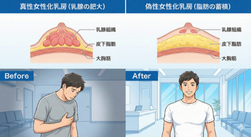真性女性化乳房(乳腺肥大)と偽性女性化乳房(脂肪蓄積)の胸部断面比較図解。乳腺と皮下脂肪の違いをイラストで解説。