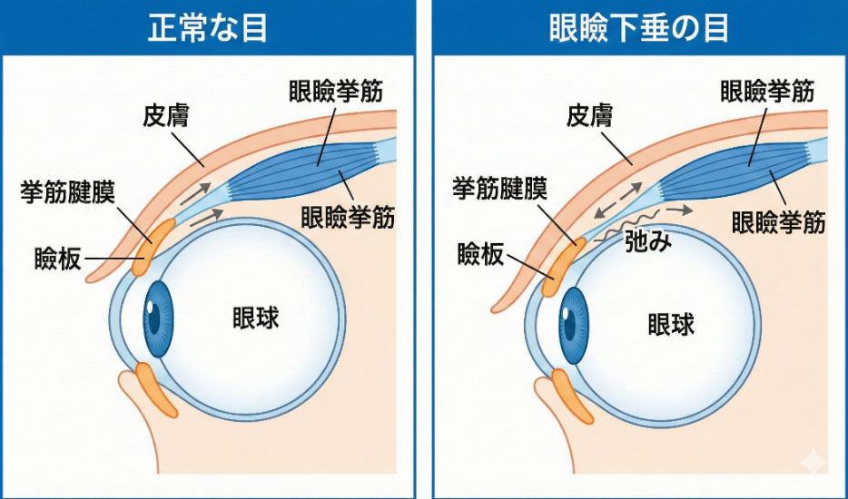 眼瞼下垂のメカニズム図解。正常な瞼と、挙筋腱膜が弛緩して挙筋の力が伝わらない眼瞼下垂の状態を断面図で比較。