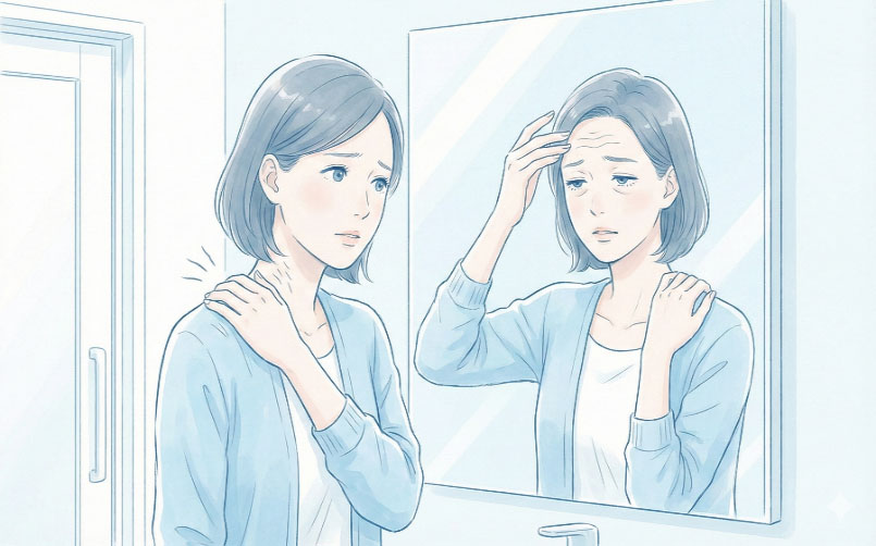 眼瞼下垂の主な症状イラスト。眠そうな目、額の横ジワ、慢性的な頭痛や肩こりに悩む女性の姿。