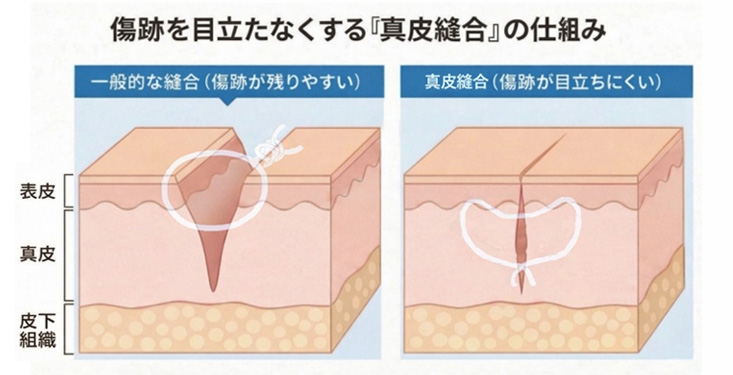 形成外科専門医による真皮縫合の仕組み解説図。皮膚の断面イラストで、傷跡が目立ちにくい縫合技術を説明。