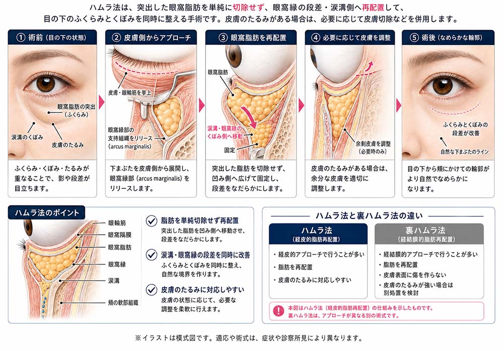 ハムラ法で眼窩脂肪を移動し目の下の段差を整える図