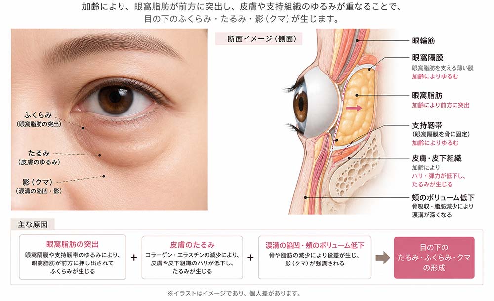 目の下のたるみの原因となる眼窩脂肪と眼窩隔膜の図