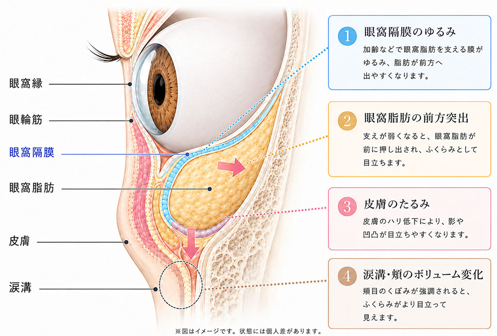 目の下のたるみやふくらみの原因となる眼窩脂肪と眼窩隔膜の図