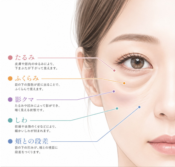 目の下のたるみ・ふくらみ・くぼみ・クマ・涙袋の位置を示す図