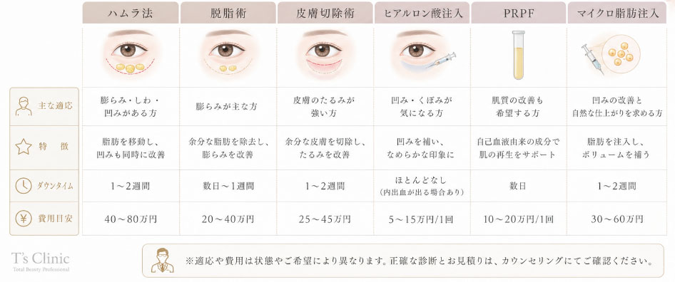 目の下のたるみ取り治療の比較表